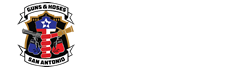 A black and white image of the words guns & hoses san antonio.
